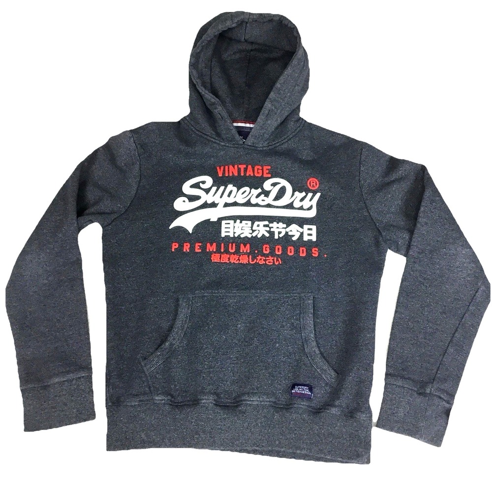 Superdry Mens Premium Entry Hood Charcoal Gray Heather Pullover Hoodie Large